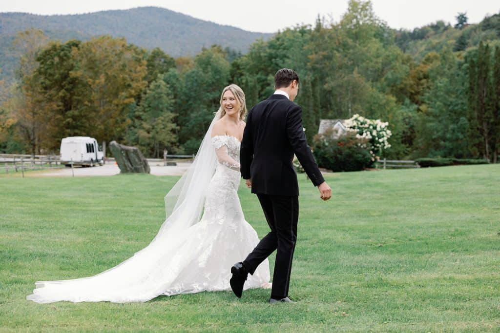 Wedding guest shuttle at Riverside Farm in Pittsfield Vermont with bride and groom